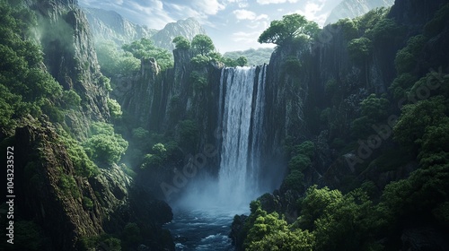 A breathtaking view of a waterfall cascading down rocky cliffs, surrounded by lush greenery, symbolizing the beauty of nature.