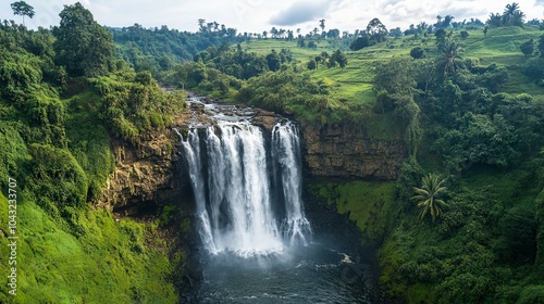 A breathtaking view of a waterfall cascading down rocky cliffs, surrounded by lush greenery, symbolizing the beauty of nature.