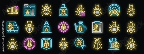 Exterminator service eliminating insects using various methods with neon style icons set for dark theme