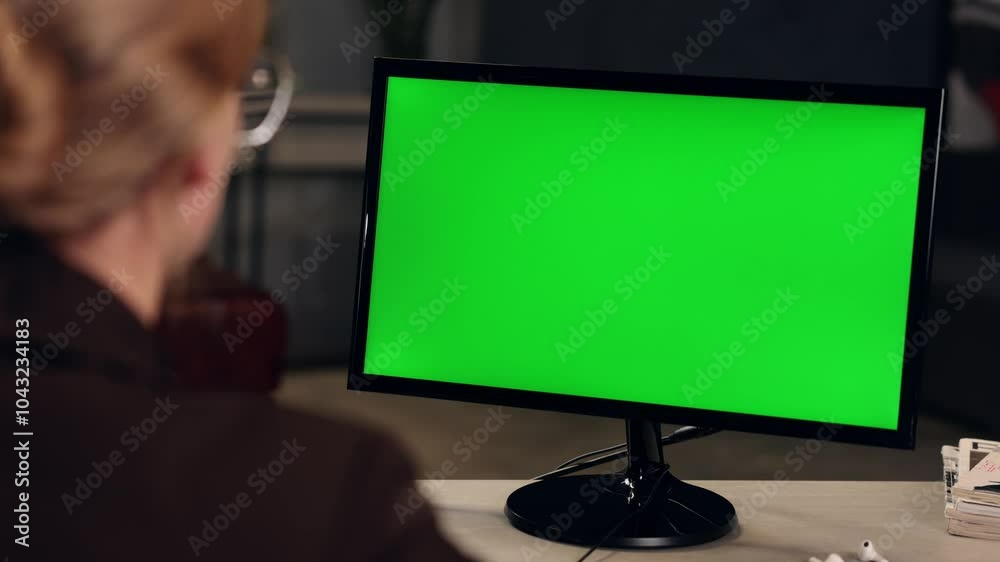 Young Woman Working In Office On Desktop Computer with Green Screen Mock Up Display. Over the Shoulder- Close-up of Monitor With Green Screen Chromakey Young Woman Working In Office On Desktop Computer with Green Screen Mock Up Display. Over the Shoulder- Close-up of Monitor With Green Screen Chromakey