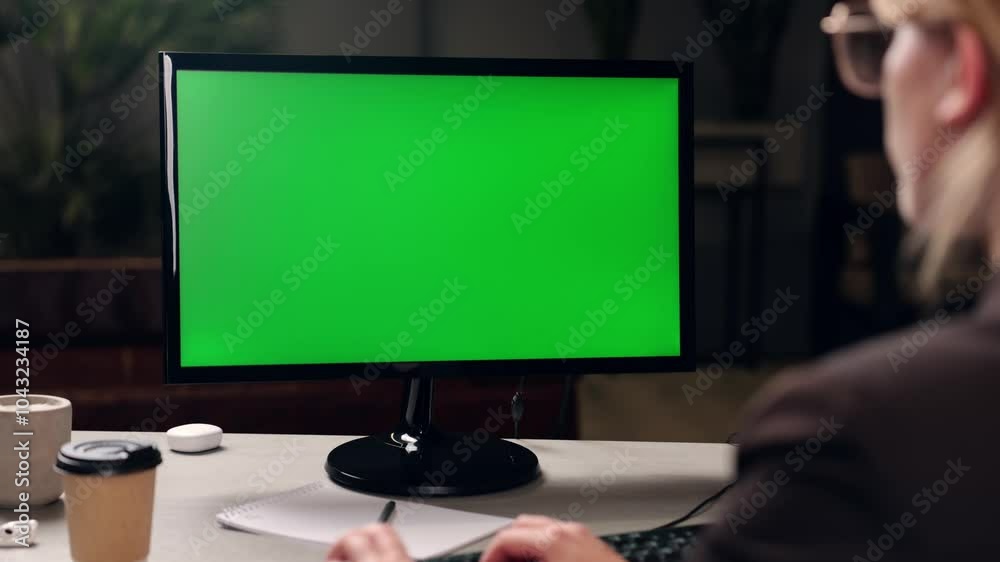 Young Woman Working In Office On Desktop Computer with Green Screen Mock Up Display. Over the Shoulder- Close-up of Monitor With Green Screen Chromakey Young Woman Working In Office On Desktop Computer with Green Screen Mock Up Display. Over the Shoulder- Close-up of Monitor With Green Screen Chromakey