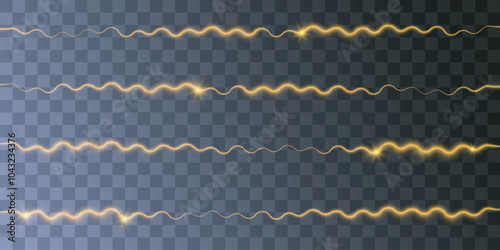 Beautiful light curved lines and sparks. Special golden light effect, wave lines. Magic horizontal waves light rays.