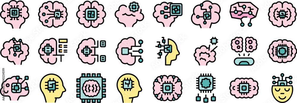 Obraz premium This set of icons features various depictions of artificial intelligence, highlighting the interplay between human minds and computer processing power