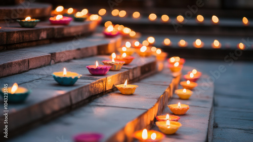 Rows of colorful diyas glowing on steps create warm and inviting atmosphere, illuminating surroundings with their soft light. vibrant hues enhance beauty of scene photo