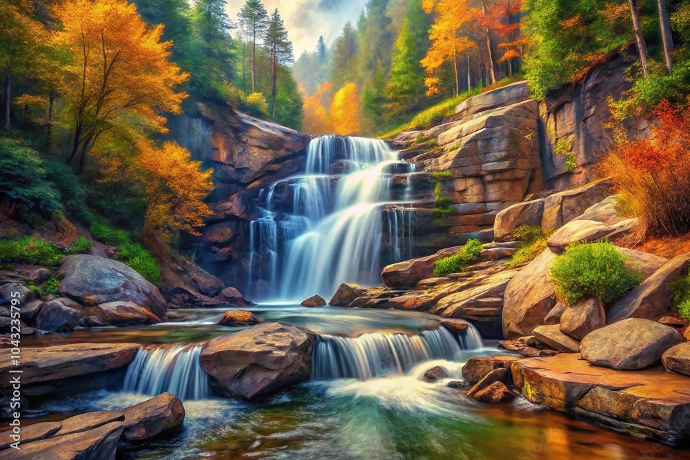 Obraz premium High angle view of a waterfall in rocky landscape surrounded by trees and rocks