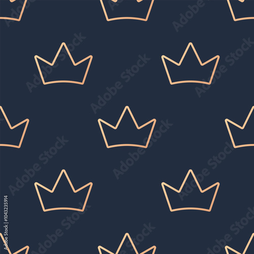 Stylized gold line crowns on indigo blue background. Vector seamless pattern.