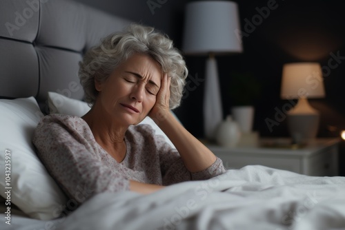 An older woman experiencing discomfort in bed during the night while struggling with a headache at home