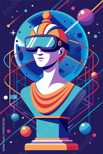 Futuristic virtual reality art: bust with vr headset in cosmic digital space