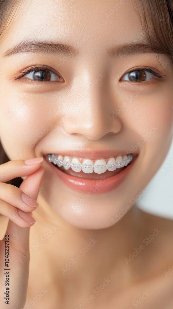 Obraz premium 現代の歯の健康と美しさのための透明な矯正器具で自信に満ちた笑顔を