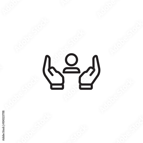 User care icon. Two hands cupping a person icon, representing care, support, or protection for the user. Editable icon.