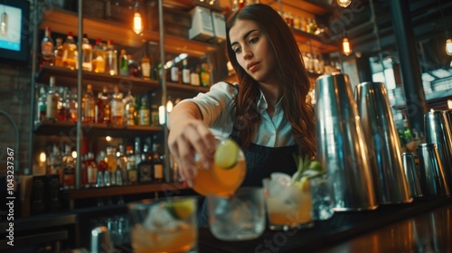 Professional Caucasian female bartender preparing a cocktail drink at the bar counter in a nightclub