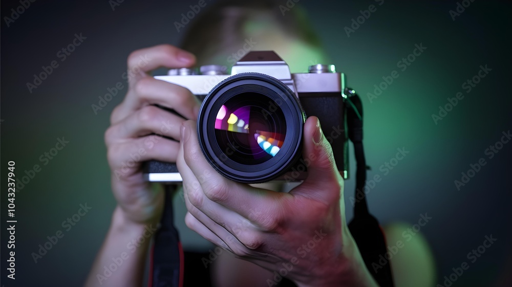 Capturing Moments: A Close-Up Image of a Stylish Camera in Use, Highlighting the Art of Photography with Vibrant Lens Reflections and Creative Ambiance Capturing Moments: A Close-Up Image of a Stylish Camera in Use, Highlighting the Art of Photography with Vibrant Lens Reflections and Creative Ambiance