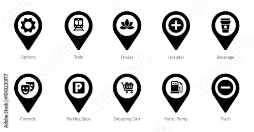 A set of 10 Location Pointer icons as options, train, fitness