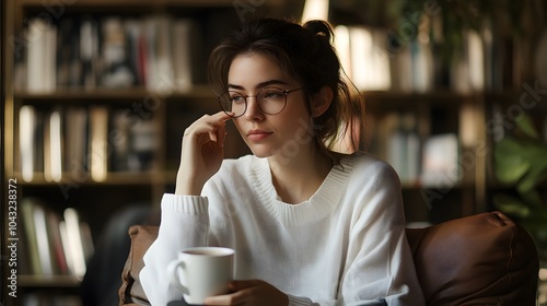 Calm woman relaxing in the office with coffee and music. 