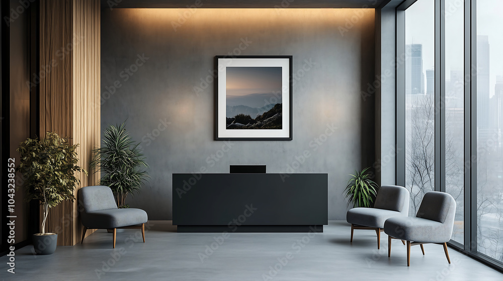 Fototapeta premium modern reception area with dark furniture and minimalist decor