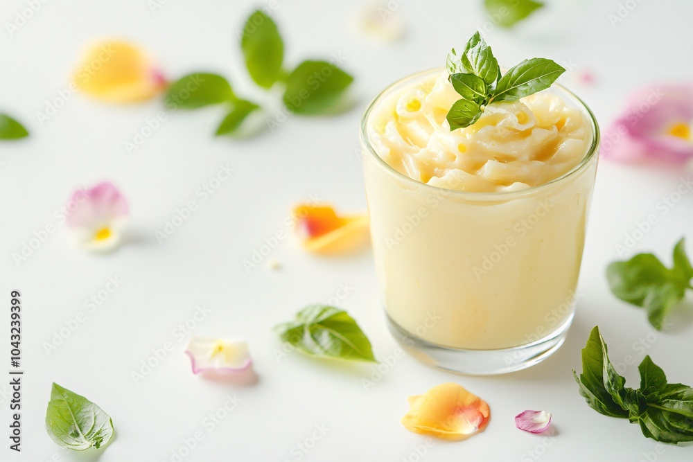 Delicious Creamy Dessert with Fresh Herbs and Petals
