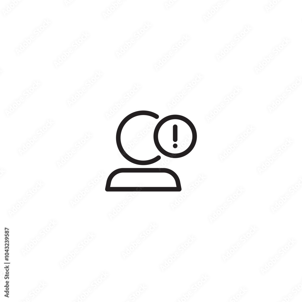 Profile icon. A minimalist icon representing a user-related alert. The exclamation point in the circle next to the person suggests a notification or warning about a user account. Editable icon. Profile icon. A minimalist icon representing a user-related alert. The exclamation point in the circle next to the person suggests a notification or warning about a user account. Editable icon.