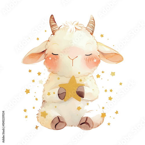 A cartoon goat is sitting in a field of grass with stars in the background. The goat is smiling and he is happy