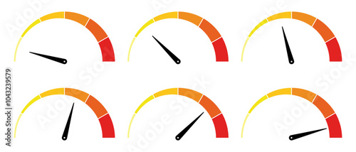 Speedometer icons set. Gauge graphic signs with different values. Isolated symbols on white background. Vector illustration