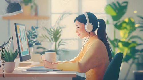 Calm woman relaxing in the office with coffee and music. 