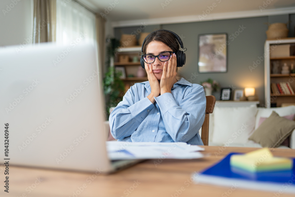 Young concentrated serious freelance business expert woman working at home office on laptop computer. Finance and economy professional worker having home work to finish calculations for client. Young concentrated serious freelance business expert woman working at home office on laptop computer. Finance and economy professional worker having home work to finish calculations for client.