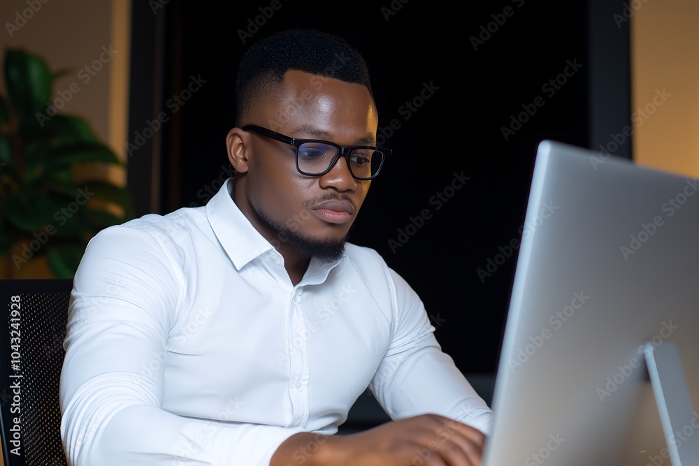 A Business, Night and Black Man Computer in Office for Research, Update and Deadline at Startup. African Professional, Website and Writing Blog, Article or Creative Social Media Marketer Reading Email A Business, Night and Black Man Computer in Office for Research, Update and Deadline at Startup. African Professional, Website and Writing Blog, Article or Creative Social Media Marketer Reading Email