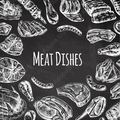 Meat  menu template in engraved vintage style on chalkboard background. Hand-drawn sketches of barbecue meat pieces. Background for meat restaurant..