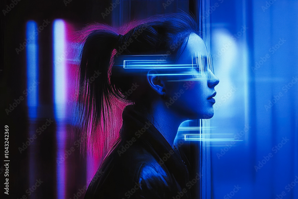 Fototapeta premium A side profile of a woman illuminated by neon lights evokes a sense of mystery and modernity, blending art and futuristic design.