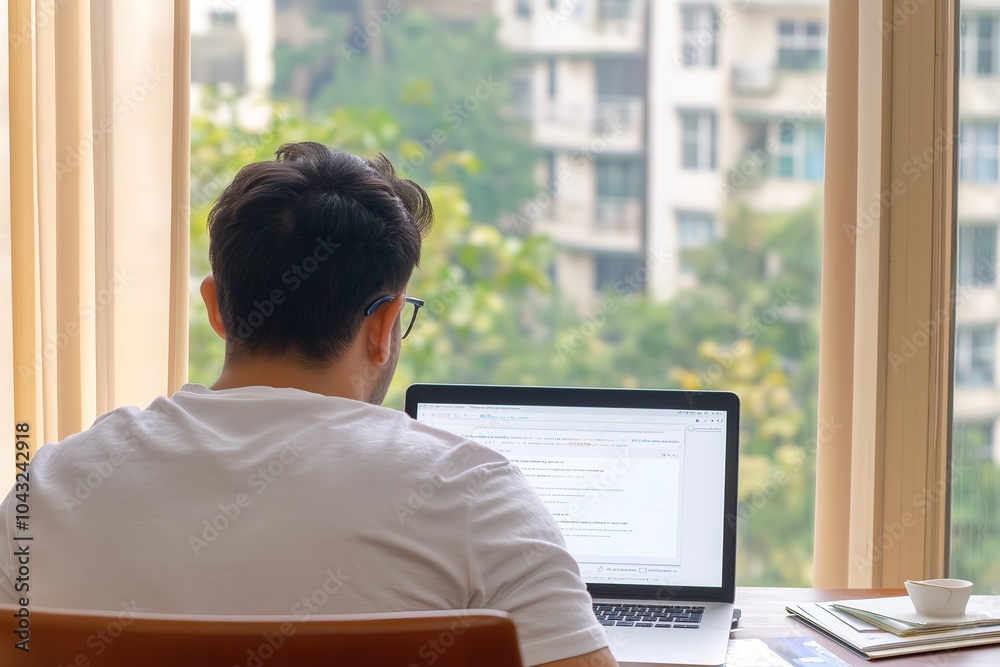 A Young Indian Man Student or Distance Employee Working Online From Home Office, E Learning Using Laptop Computer Watching Remote Webinar Training Class A Young Indian Man Student or Distance Employee Working Online From Home Office, E Learning Using Laptop Computer Watching Remote Webinar Training Class