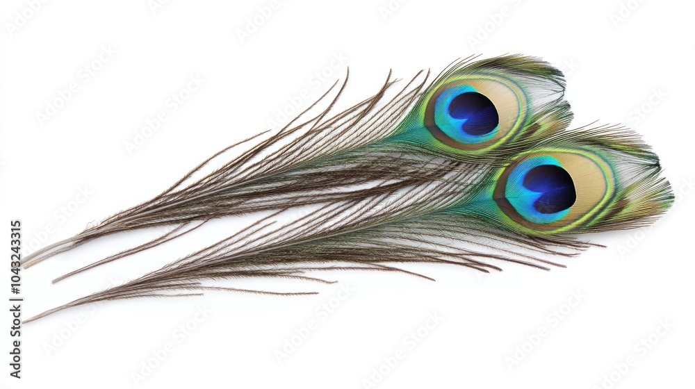 Obraz premium Two vibrant peacock feathers showcasing iridescent colors and intricate patterns.
