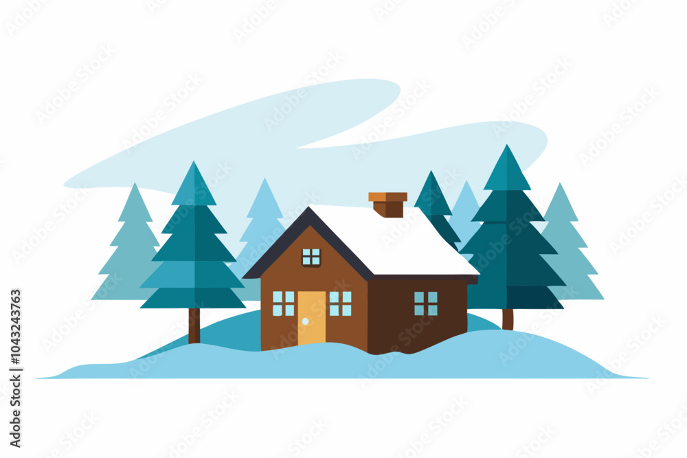 Naklejka premium December Snow-Covered Cabin in the Woods Vector Illustration