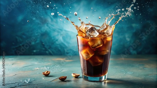 High angle view of cold brew coffee with ice splashing in blue background