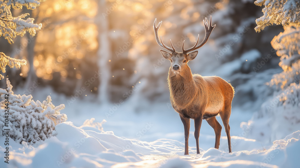 A deer with big horns standing on the snow in the forest in winter time and space for copy A deer with big horns standing on the snow in the forest in winter time and space for copy