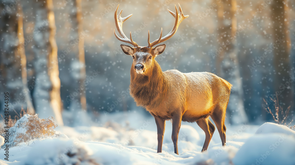 A deer with big horns standing on the snow in the forest in winter time and space for copy A deer with big horns standing on the snow in the forest in winter time and space for copy