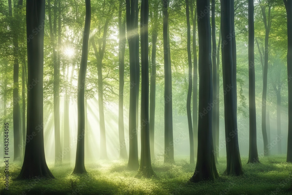 Obraz premium Abstract forest in soft shades of green, sunlight streaming through with room for copy