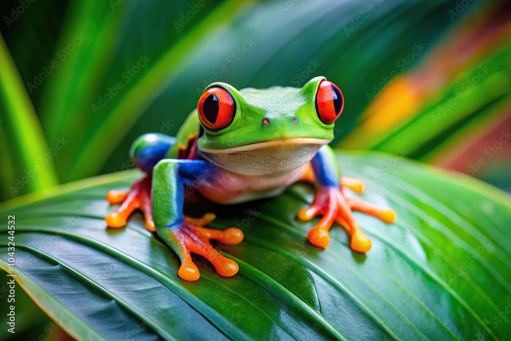 High angle view of colorful red eyed tree frog on lush rainforest foliage High angle view of colorful red eyed tree frog on lush rainforest foliage