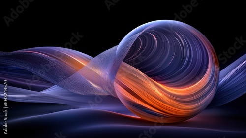Abstract glowing sphere with flowing lines in purple, blue and orange on a black background.