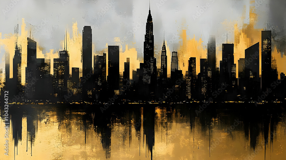Abstract Cityscape Illustration with Gold Reflections Abstract Cityscape Illustration with Gold Reflections