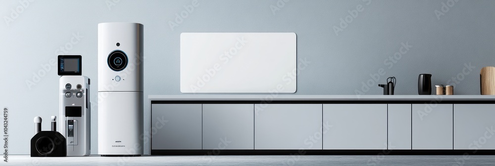 Modern kitchen setup featuring sleek appliances and minimalist design. Modern kitchen setup featuring sleek appliances and minimalist design.