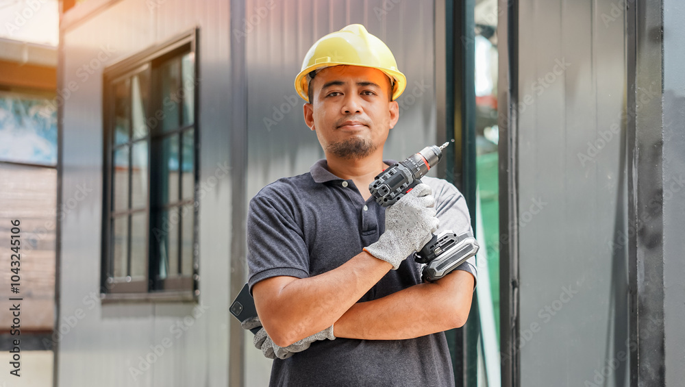 Smiling young man in casual clothes protective helmet hardhat hold electric drill. Instruments accessories for renovation apartment room. Repair home concept. Smiling young man in casual clothes protective helmet hardhat hold electric drill. Instruments accessories for renovation apartment room. Repair home concept.