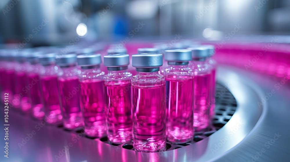 Close-up of Pink Liquid in Ampoules on a Conveyor Belt in a Pharmaceutical Factory Close-up of Pink Liquid in Ampoules on a Conveyor Belt in a Pharmaceutical Factory
