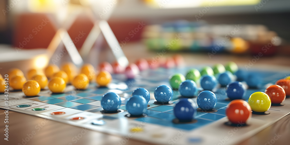 Naklejka premium Colorful Board Game Pieces Arranged on White Board