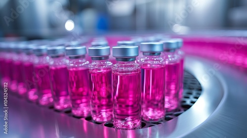 Close-up of Pink Liquid in Ampoules on a Conveyor Belt in a Pharmaceutical Factory