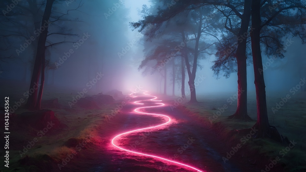 Obraz premium A Winding Illuminated Path Through a Foggy Forest at Dusk With Glowing Trails of Light