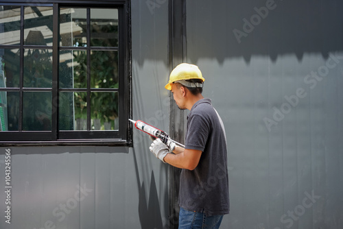 Man using a silicone gun to repair a window
