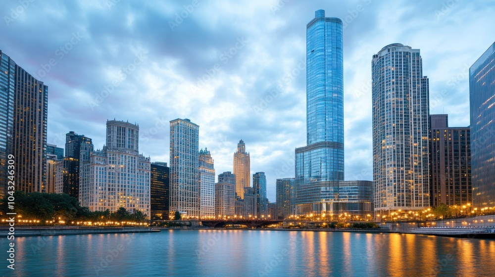Fototapeta premium A stunning cityscape at dusk, showcasing skyscrapers reflecting in the water.