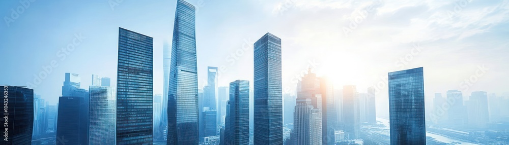 A skyline view of modern skyscrapers against a bright blue sky and soft sunlight. A skyline view of modern skyscrapers against a bright blue sky and soft sunlight.