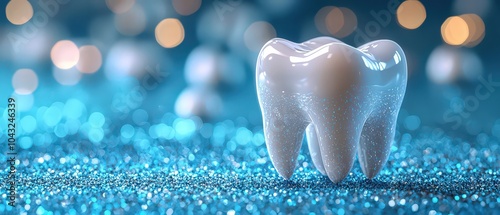 White tooth on a blue glitter background with a bokeh effect