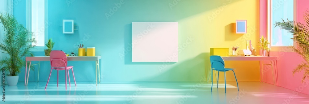 A vibrant office space featuring colorful desks, chairs, and a blank canvas for creativity. A vibrant office space featuring colorful desks, chairs, and a blank canvas for creativity.