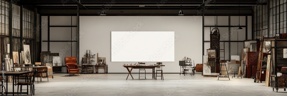 A spacious art studio featuring empty walls and various art supplies, ready for creativity. A spacious art studio featuring empty walls and various art supplies, ready for creativity.